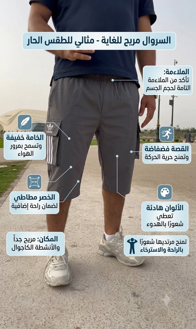 مزايا السروال: خامة خفيفة، خصر مطاطي، قصة فضفاضة، ألوان هادئة